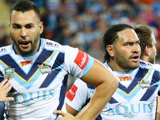 Titans protest the  try of Alex Glenn of Brisbane  during the elimination final between the Brisbane Broncos and the Gold Coast Titans. Pic Darren England.