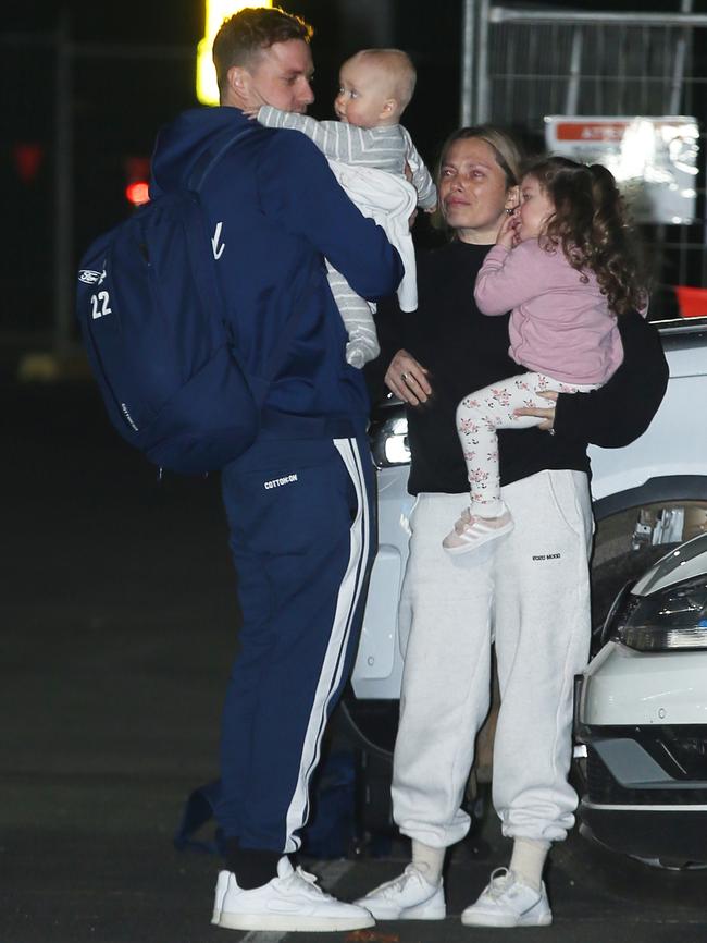 Geelong’s Mitch Duncan farewells his family. Picture: Alan Barber