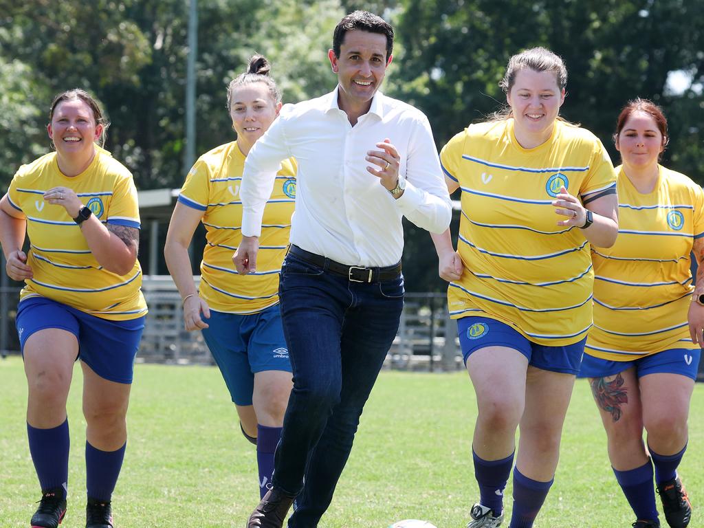 Opposition Leader David Crisafulli hits the field at Pine Rivers Football Club. Picture: Liam Kidston