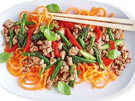 Basil chilli turkey with sweet potato noodles.