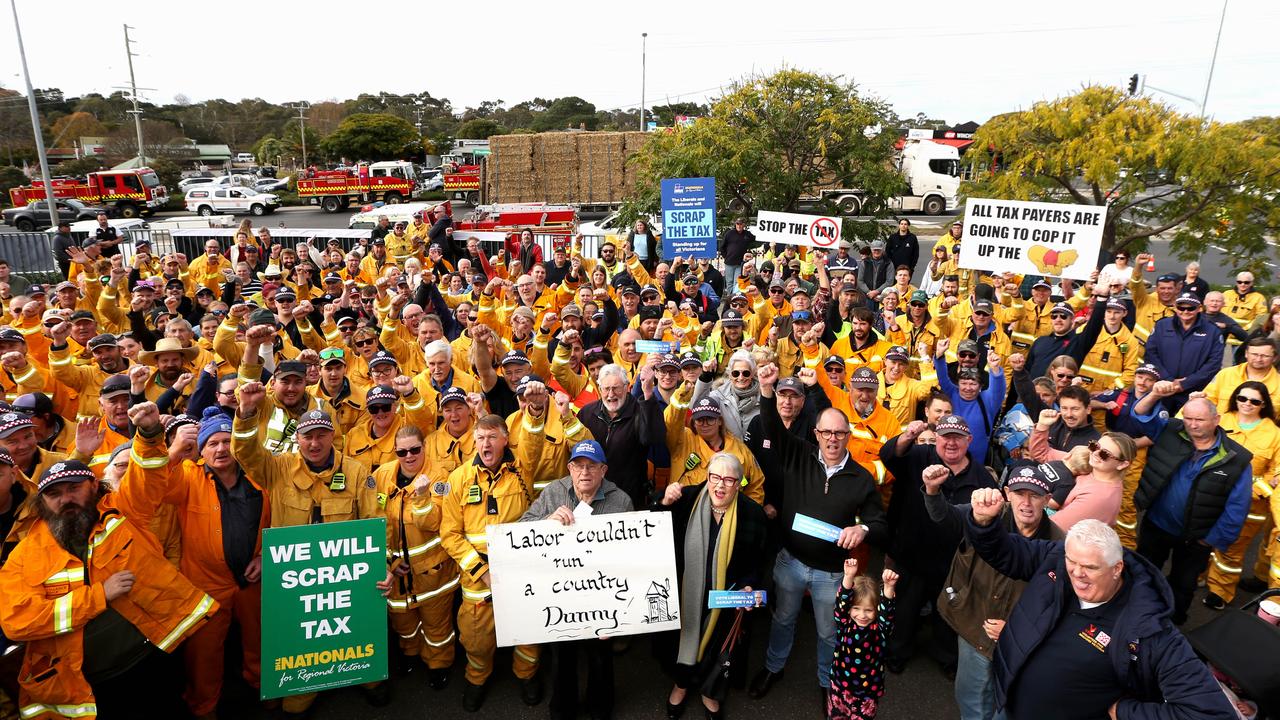 Between 60 and 80 fire trucks descended on the Winchelsea Tearooms in the main street as a protest to the fire levy. Picture: Mike Dugdale