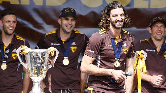 Matt Spangher sounded very rough at the Hawthorn Family Day after their 2014 grand final win. Picture: Wayne Ludbey