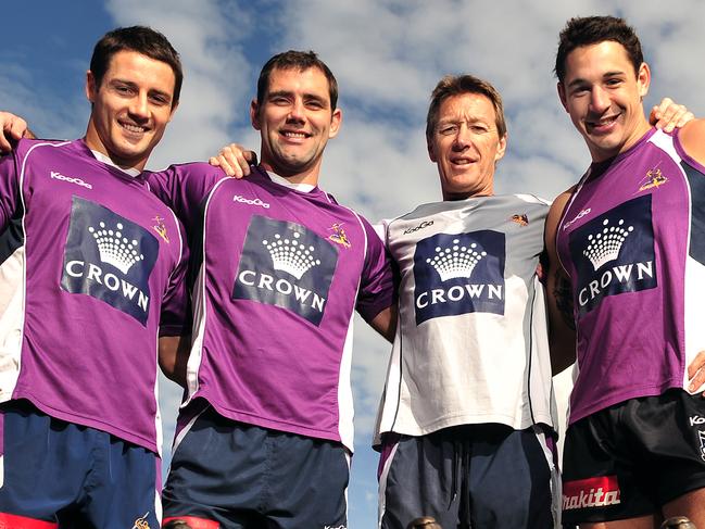 Melbourne Storm training at Olympic Park this morning - Coach Craig Bellamy with his big 3, Cooper Cronk, Cameron Smith and Billy Slater before training this morning.