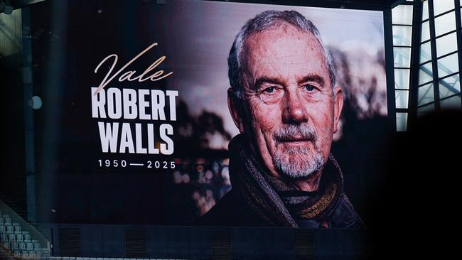 MELBOURNE, AUSTRALIA - MAY 22: A photo is displayed on the big screens during Robert Walls Funeral Service at the Melbourne Cricket Ground on May 22, 2025 in Melbourne, Australia. (Photo by Michael Willson/AFL Photos via Getty Images)