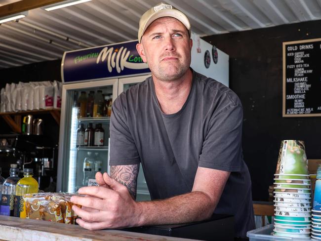 NEWS ADV A struggling cafe called Gooby Goose Cafe at Happy Valley owner Mathew Hollamby They are currently operating out the shipping container near the BWS due to shopping centre renovation works .Image/Russell Millard Photography