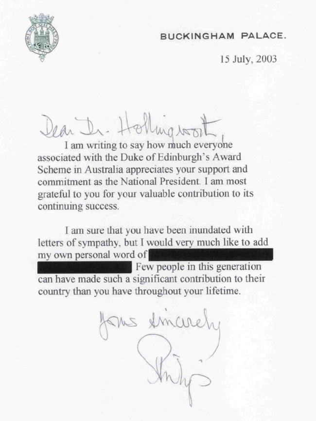 A formal letter from Prince Philip, addressed to Peter Hollingworth, dated July 15th, 2003. Picture: National Archives of Australia