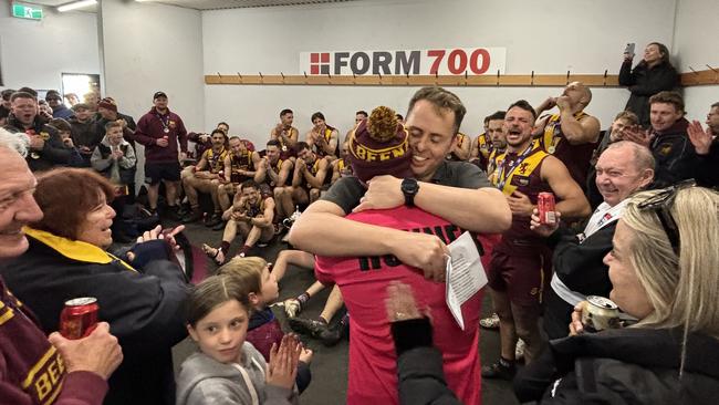 Michael Kinsella shares a hug with good mate and former coach Liam Wilson. Picture: Tyler Lewis