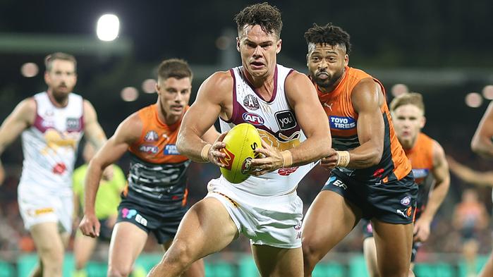 CANBERRA, AUSTRALIA - APRIL 25: Cam Rayner of the Lions in action  during the round seven AFL match between Greater Western Sydney Giants and Brisbane Lions at Manuka Oval, on April 25, 2024, in Canberra, Australia. (Photo by Mark Metcalfe/AFL Photos/via Getty Images )