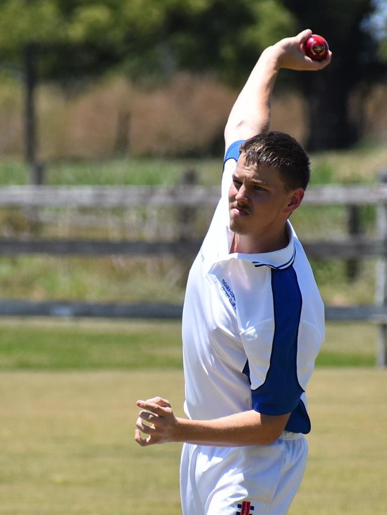 Taine Riley bowls with the new ball for Ulmarra Hotel Tucabia Copmanhurst on day one of the GDSC Premier League round three clash against Brothers Clocktower at Ulmarra Showground on Saturday, 14th November, 2020. Photo Jenna Thompson / The Daily Examiner