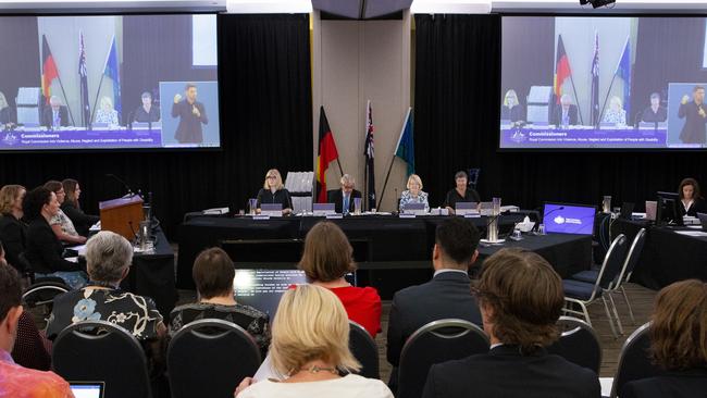 Commissioners Barbara Bennett, chair Ronald Sackville QC, Roslyn Atkinson and Professor Rhonda Galbally during the hearing into health care for people with cognitive disability at the Royal Commission into Violence, Abuse, Neglect and Exploitation of People with Disability in Sydney.