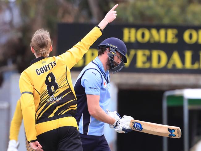 Cricket : GCA1 Round 1: Grovedale v Newtown &amp; ChilwellNewtown &amp; Chilwell batsman Patrick McKenna is clean bowled by Grovedale bowler Sam Coutts Picture: Mark Wilson