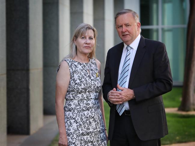 Julie-Ann Finney meeting with Opposition Leader Anthony Albanese at Parliament House in Canberra. Picture: Kym Smith