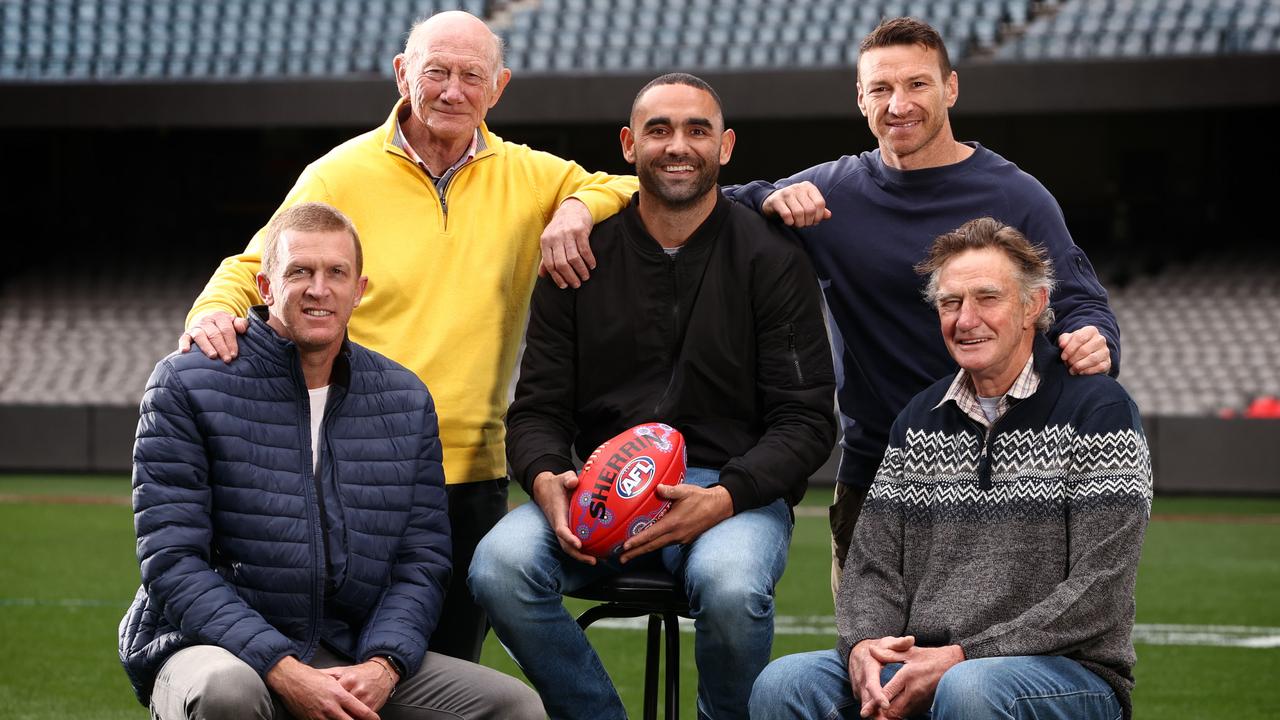 The 400-gamer club: Shaun Burgoyne with Kevin Bartlett, Michael Tuck, Brent Harvey and Dustin Fletcher. Picture: Michael Klein