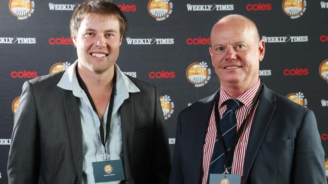 Cropping Farmer of the Year finalist Broden Holland (left) catches up with Marcus Oldham College principal Andrew Baker. Picture: Yuri Kouzmin