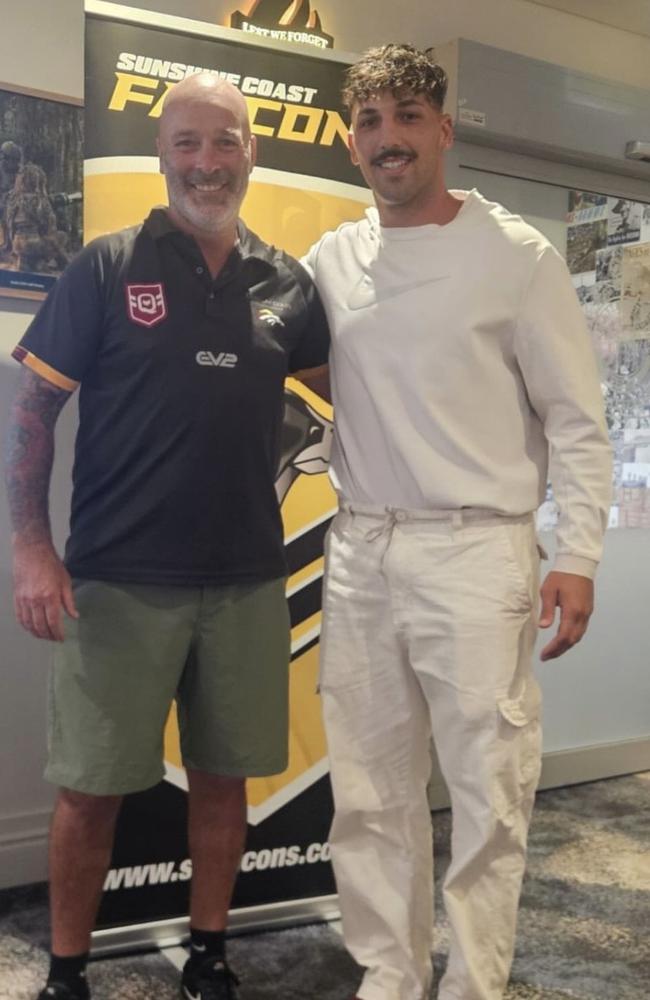 Coolum head coach Matt Smith alongside Takai Mokohar. Picture: SC Falcons