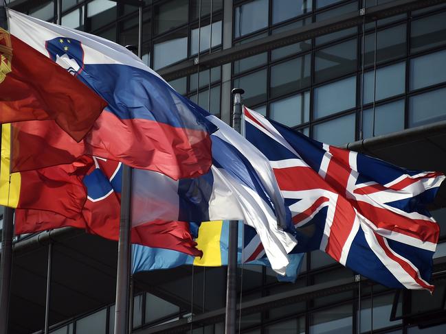The British Union Jack flag (R) flies amongst European Union member countries' national flags in front of the European Parliament on June 9, 2016 in Strasbourg, eastern France. On June 23, 2016 Great Britain will hold a referendum on whether or not the United Kingdom will remain within the European Union, often referred to as 
