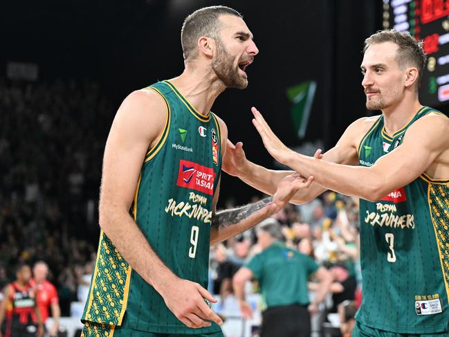 A fired up Jack McVeigh and Anthony Drmic during the Jackjumpers’ win over Perth. Picture: Steve Bell/Getty Images