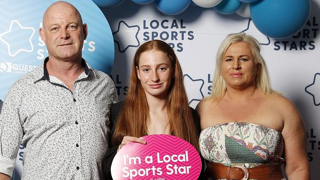 Mollie, Toni and Nick O’Callaghan posing at the Quest Local Sports Stars Awards, Queensland Cricketers Club, Brisbane 22nd of October 2019. Photography: J&amp;A Photography