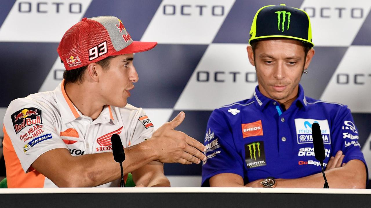 Marc Marquez offered his hand to Valentino Rossi during the pre-San Marino GP press conference. Pic: MotoGP.
