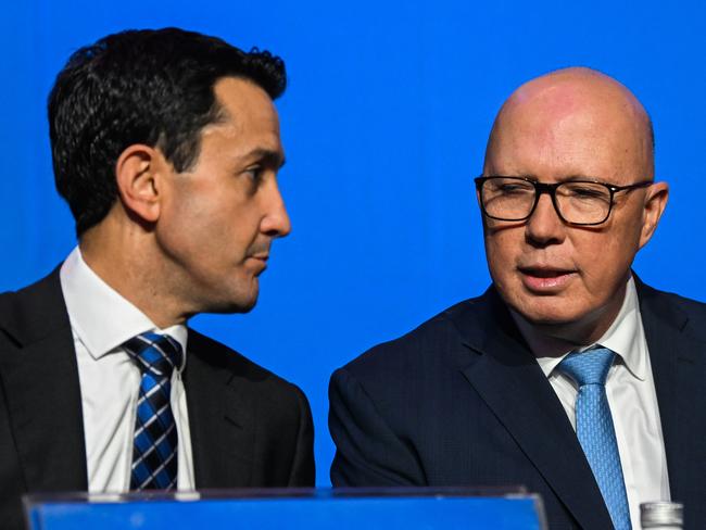 BRISBANE, AUSTRALIA - NewsWire Photos - JULY 6, 2024.Federal Opposition Leader Peter Dutton (right) and Queensland Opposition Leader David Crisafulli during the LNP Convention in Brisbane. Picture: Dan Peled / NewsWire