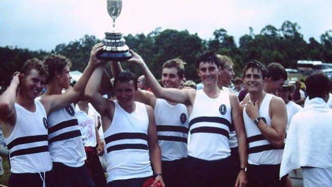 TSS’s 1985 First VIII after winning the head of the river. Picture supplied. 