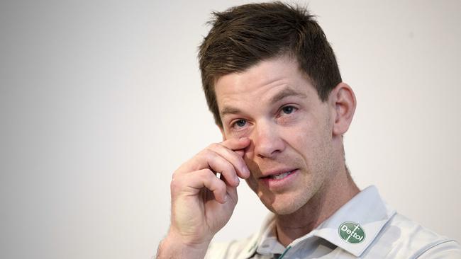 Tim Paine steps down as Australian men's Test Cricket Captain at Hobart. Picture: Chris Kidd