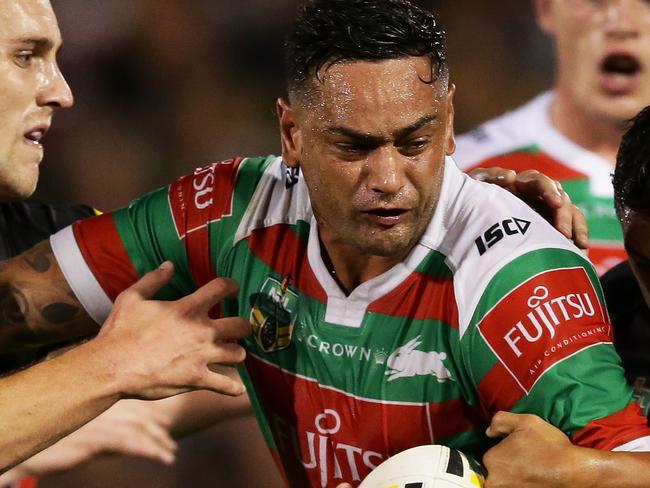 SYDNEY, AUSTRALIA - APRIL 07:  John Sutton of the Rabbitohs is tackled during the round six NRL match between the Penrith Panthers and the South Sydney Rabbitohs at Pepper Stadium on April 7, 2017 in Sydney, Australia.  (Photo by Matt King/Getty Images)