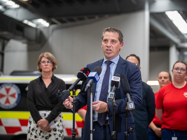 SYDNEY, AUSTRALIA - NewsWire Photos December 13, 2023: Ryan Park, NSW Minister for Health and Medical Research of New South Wales addresses the media at the Ambulance Headquarters in Randwick.Picture: NCA NewsWire / Christian Gilles