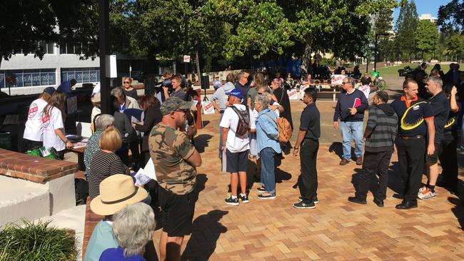 Crowds attend a rally protesting the sale of Bruce Bishop carpark in Surfers Paradise. Picture: Andrew Potts