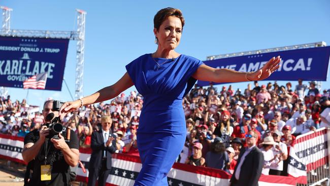 Arizona Republican nominee Kari Lake beams to the crowd at a campaign rally attended by former US president Donald Trump. Picture: Mario Tama/Getty Images/AFP