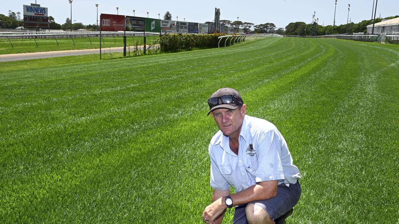 Clifford Park course manager Dave Morrison inspects the Clifford Park course proper yesterday ahead of its return to racing tomorrow. Picture: Bev Lacey