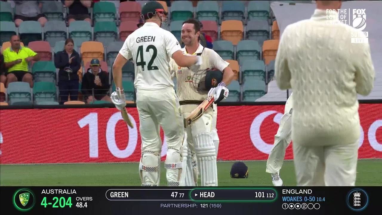 Cameron Green embraced Travis Head after a brilliant Ashes century in Hobart