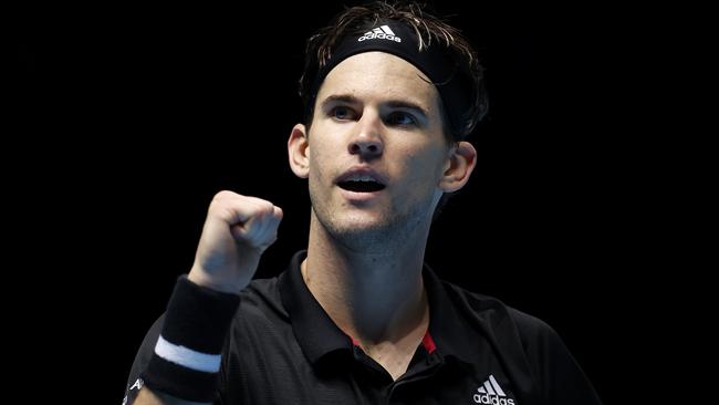 Austrian Dominic Thiem celebrates victory over Rafael Nadal at the ATP Finals