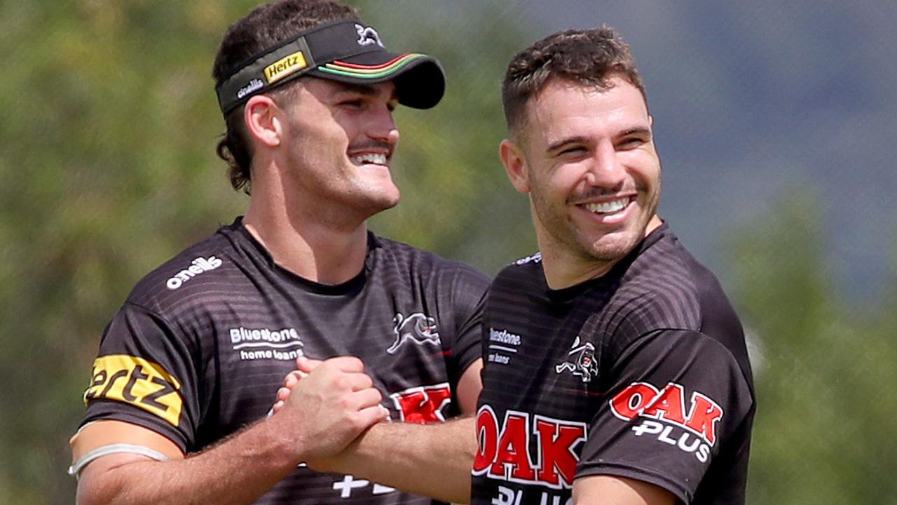 The injured Nathan Cleary gives some kicking tips during training to replacement Sean O'Sullivan. Picture: Toby Zerna