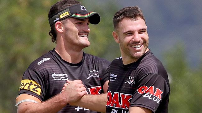 The injured Nathan Cleary gives some kicking tips during training to replacement Sean O'Sullivan. Picture: Toby Zerna