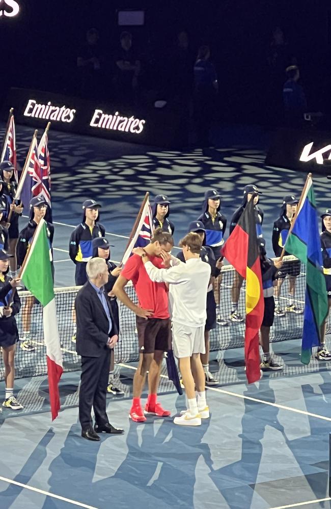 Jannik Sinner consols Alexander Zverev after the final at Rod Laver Arena. Picture: Chantelle Francis