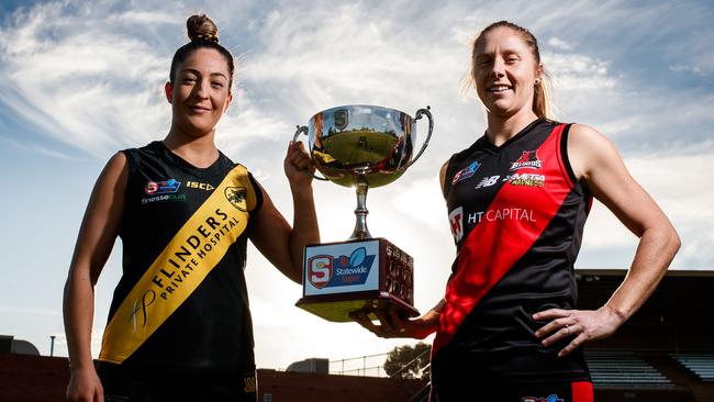 Glenelg captain Ellie Kellock (left) with former West Adelaide captain Bec Owen ahead of the 2021 grand final. Kellock is hungry for a second straight flag. Picture: Matt Turner