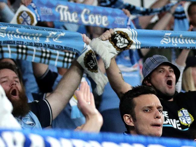 Sydney FC supporters in the cove during the A-League Grand Final between Sydney FC and Melbourne City at Bankwest Stadium, Parramatta. Picture. Phil Hillyard