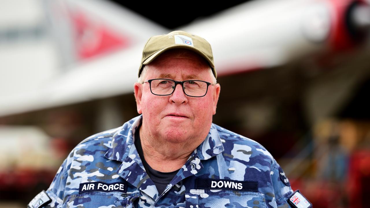 Two restored Royal Australian Air Force aircraft veterans- a Mirage fighter jet A3-55 and a Winjeel Trainer??? A85-403 - arrived at Townsville RAAF Base. WO Mike Downs speaks to media. Picture: Alix Sweeney