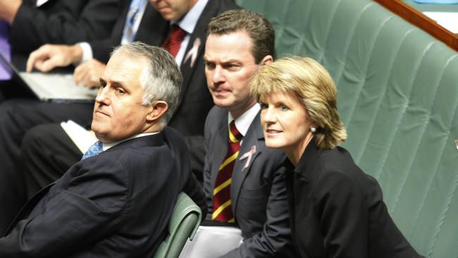 Malcolm Turnbull, Christopher Pyne and Julie Bishop during question time. Question time in the House of Representatives in Parliament House in Canberra.