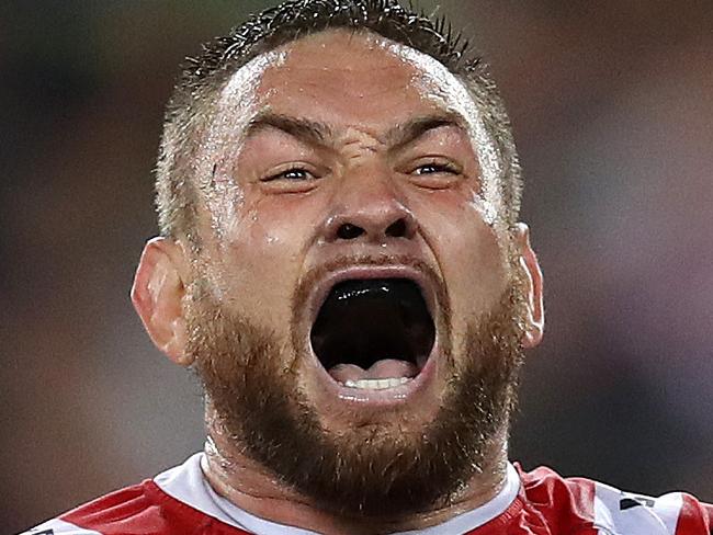 Roosters' Jared Waerea-Hargreaves celebrates victory during the 2019 NRL Grand Final between the Sydney Roosters and Canberra Raiders at ANZ Stadium on 6 October, 2019 in Sydney. Picture. Phil Hillyard