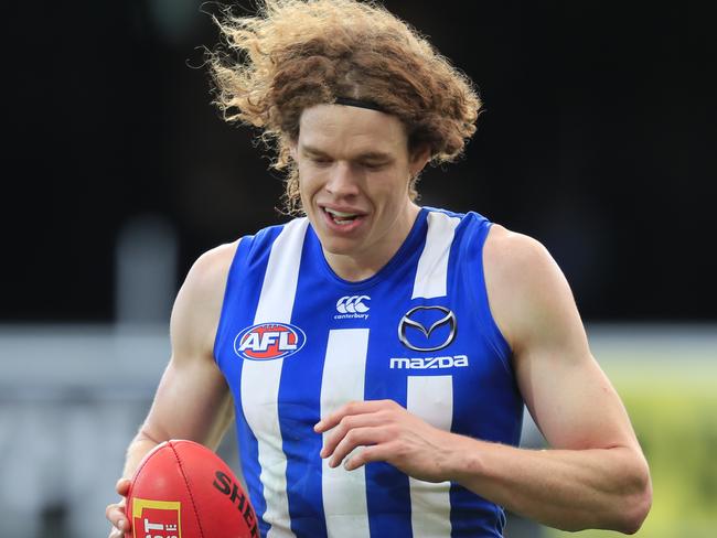 Ben Brown of the Kangaroos prepares to kick a goal during the Round 9 AFL match between the North Melbourne Kangaroos and the Greater Western Sydney (GWS) Giants at Blundstone Arena in Hobart, Saturday, May 19, 2018. (AAP Image/Rob Blakers) NO ARCHIVING, EDITORIAL USE ONLY