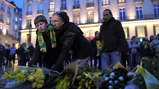 FC Nantes supporters gather and lay flowers in Nantes for missing Argentine forward Emiliano Sala. Picture: AFP