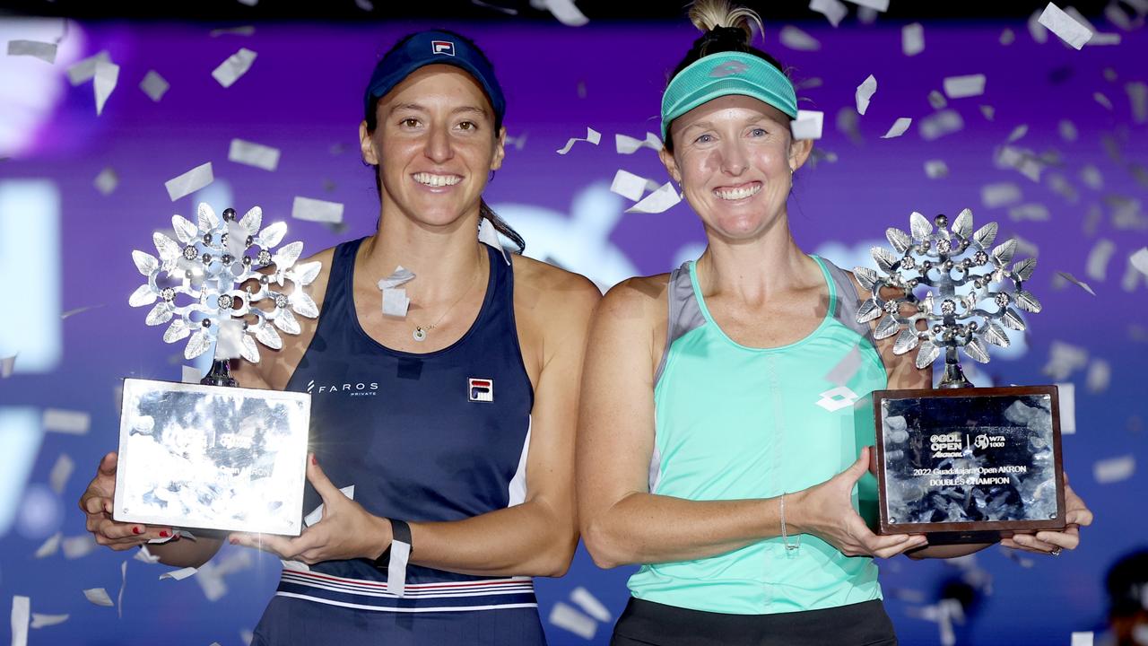 Australia’s Storm Sanders, pictured with Luisa Stefani after winning the WTA Guadalajara Open in October, is ranked eighth in the doubles. Picture: Getty Images