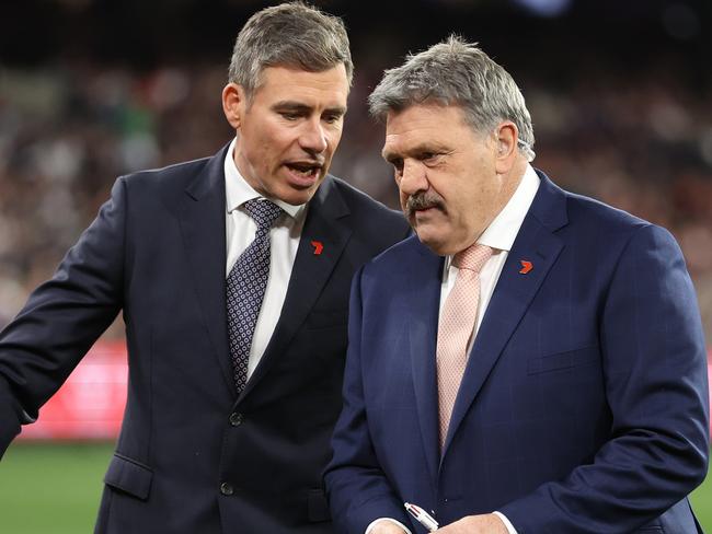 MELBOURNE, AUSTRALIA - SEPTEMBER 15: Commentators Matthew Richardson and Brian Taylor are seen during the AFL First Semi Final match between Melbourne Demons and Carlton Blues at Melbourne Cricket Ground, on September 15, 2023, in Melbourne, Australia. (Photo by Robert Cianflone/Getty Images)