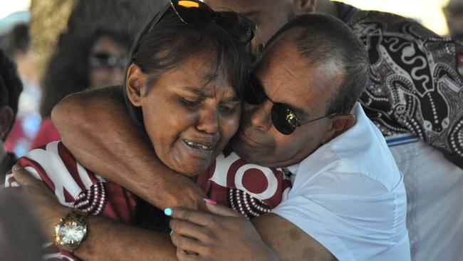 Sheldon and Shane’s mother Shayleen Frail is comforted during the touching ceremony. Picture: Colin Rouse