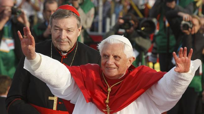 Pope Benedict XVI greets World Youth Day pilgrims in Sydney with Cardinal George Pell, then archbishop of Sydney. Picture: CNS.