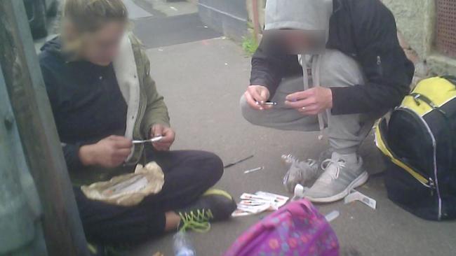 Drug users shooting up on Lennox St, North Richmond. Picture: Supplied