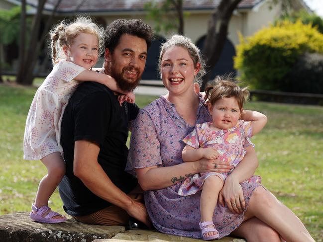 Megan and Paul Bell are beginning to look for a home to raise their kids, Kyla and Arnika – but they’re concerned with how much they’ll need to do it. Picture: Liam Kidston