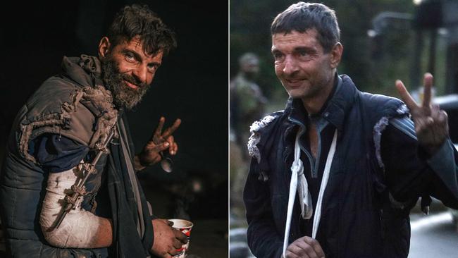 Azov regiment veteran inside the Azovstal steel works in May 2022 and after his release as part of a mass prisoner of war exchange. Pictures: AFP